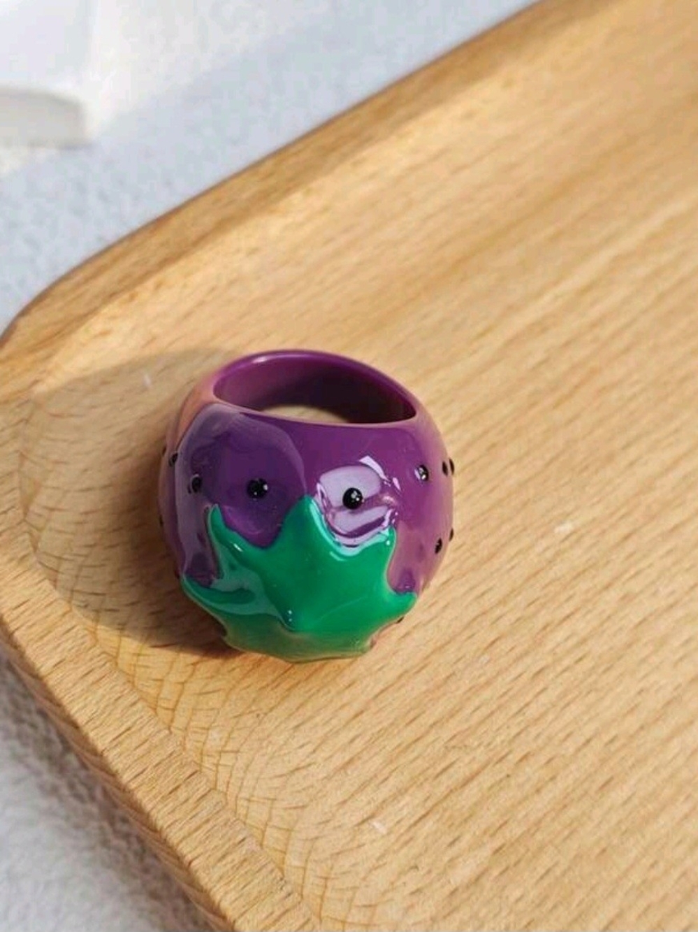 Purple Strawberry Ring with Green Leaf